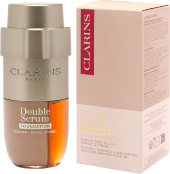 Clarins Double Serum Foundation. Złota butelka z dwufazowym fluid-serum obok beżowego pudełka, widok z przodu.