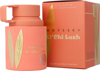 Armaf Odyssey Li'Chi Lush, damska woda perfumowana, brzoskwiniowa butelka z fakturą i pudełko.