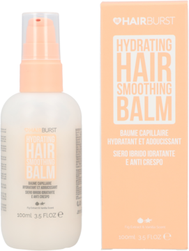 Hairburst Hydrating Hair Smoothing Balm: white bottle with peach pump, alongside its matching peach box. Front view.
