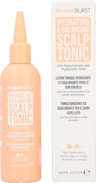 Hairburst Hydrating & Balancing Scalp Tonic, peach bottle and white box, front view, with Niacinamide.