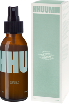 Mgiełka HHUUMM Deep Night Pillow Mist z ylang ylang, wanilią i bergamotką. Brązowa butelka, białe pudełko.
