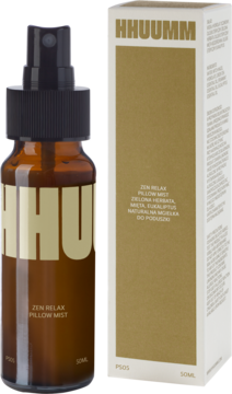 HHUUMM Zen Relax Pillow Mist, bursztynowa butelka z atomizerem i złote pudełko, zielona herbata, mięta.