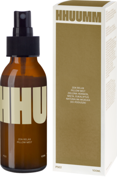 HHUUUMM Zen Relax Pillow Mist: brązowa butelka sprayu i białe pudełko, widok z przodu, zielona herbata, mięta.