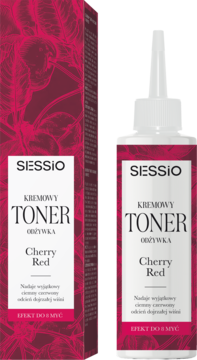 Sessio Cherry Red toner-odżywka: ciemnoczerwone pudełko i butelka z białym aplikatorem, widoczne z przodu.