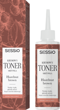 Sessio Kremowy Toner Odżywka Hazelnut Brown, brązowe pudełko i biała tubka z aplikatorem, widok z przodu.