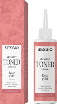Sessio Kremowy Toner Odżywka Rose Gold, front opakowania i butelki w różowym złocie, efekt do 8 myć.