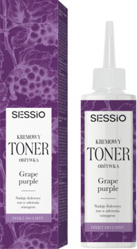 Sessio Grape Purple kremowy toner-odżywka do włosów. Fioletowe pudełko i biała butelka z aplikatorem.