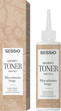 Toner-odżywka Sessio Macadamia Beige. Beżowa butelka z aplikatorem i pudełko z ilustracją, widok z przodu.