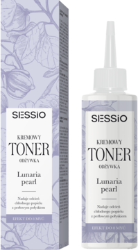 Kremowy toner-odżywka Sessio Lunaria Pearl w butelce i pudełku, bielo-fioletowe, z efektem perłowego popielu.
