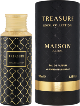 Maison Asrar Treasure woda perfumowana unisex. Czarna butelka i cylindryczne pudełko ze złotym wzorem, widok z przodu.