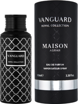 Maison Asrar Vanguard woda perfumowana unisex. Czarny flakon i pudełko z geometrycznym wzorem, widok z przodu.