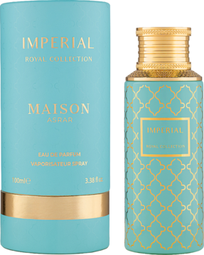 Maison Asrar Imperial woda perfumowana unisex. Turkusowa butelka i pudełko ze złotym, geometrycznym wzorem.