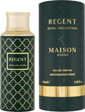 Ciemnozielona butelka perfum Maison Asrar Regent Royal Collection ze złotym wzorem i dopasowane pudełko, widok z przodu.