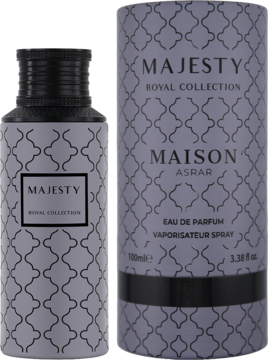 Maison Asrar Majesty woda perfumowana unisex, butelka i pudełko w szaro-czarny wzór. Widok z przodu. Świeży, cytrusowy zapach.