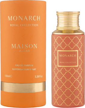 Woda perfumowana unisex Maison Asrar Monarch. Butelka i pudełko w ciepłych odcieniach pomarańczu ze złotymi zdobieniami.