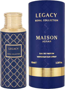 Maison Asrar Legacy unisex EDP, niebiesko-złota butelka 100ml obok cylindrycznego pudełka z arabeskowym wzorem.