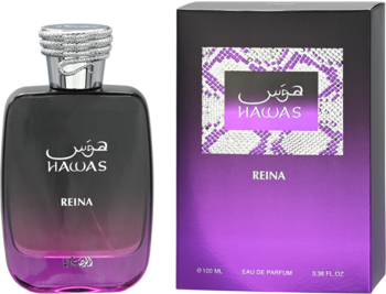 Woda perfumowana Hawas Reina. Butelka gradientowa czarno-fioletowa, srebrna nakrętka i pudełko z wzorem węża.