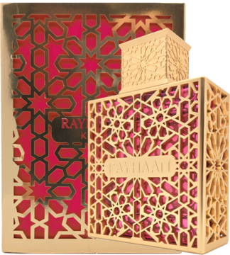 Rayhaan Kiss woda perfumowana damska. Złota butelka i pudełko z geometrycznym wzorem, magenta w tle.