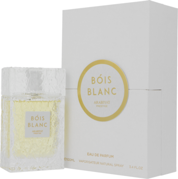 Woda perfumowana Arabiyat Prestige Bois Blanc w teksturowanym flakonie i białe pudełko, na ciemnym tle.
