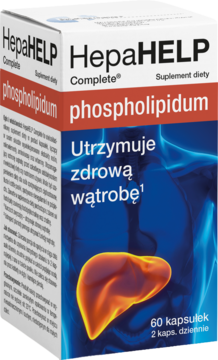 HepaHELP Complete phospholipidum, suplement diety, biało-czerwone opakowanie z rysunkiem wątroby, widok z przodu.