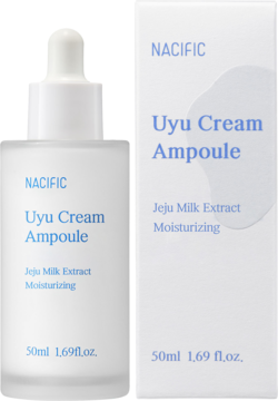 NACIFIC Uyu Cream Ampoule, biała butelka z pipetą i pudełko z ekstraktem z mleka Jeju, widok z przodu.