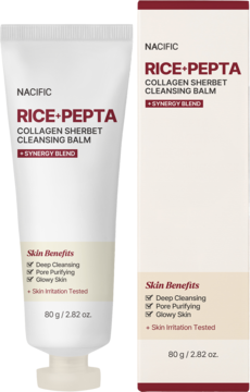 NACIFIC RICE+PEPTA Collagen Sherbet Cleansing Balm 80g w białej tubie i pudełku, widok z przodu.