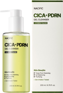 NACIFIC CICA+PDRN Gel Cleanser do skóry wrażliwej w przezroczystej butelce z pompką i pasujące pudełko, widok z przodu.