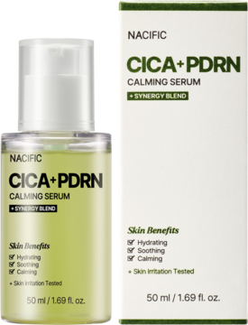 NACIFIC CICA+PDRN Calming Serum 50ml w przezroczystej butelce i kartoniku, widok z przodu. Nawilża i koi skórę wrażliwą.
