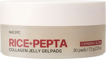 Biały słoik NACIFIC Rice Pepta Collagen Jelly Gel Pads, nawilżające hydrożelowe płatki z ryżem i peptydami.