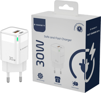 Biała ładowarka sieciowa Garett Fast Charge 30W GaN PD QC z dwoma portami USB-C i USB-A obok pudełka.