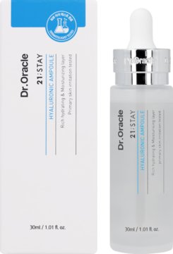 Dr. Oracle 21;Stay Hyaluronic Ampoule 30ml, nawilżające serum w białej szklanej butelce z zakraplaczem obok opakowania.