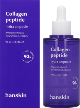 Hanskin Collagen Peptide Hydra Ampoule: fioletowe pudełko obok butelki z pipetą. Ampułka nawilżająca.