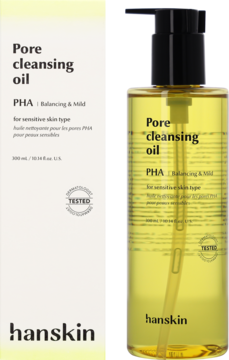 Żółty olejek Hanskin Pore Cleansing Oil PHA w butelce z pompką, obok białe pudełko, widok z przodu.