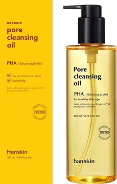 Hanskin Pore Cleansing Oil PHA do cery wrażliwej, butelka z żółtym olejkiem i pompką, widok z przodu.