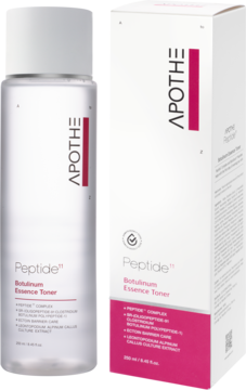 Apothe Peptide 11 Botulinum Essence Toner, przezroczysta butelka i białe opakowanie z pionowym czerwonym paskiem.