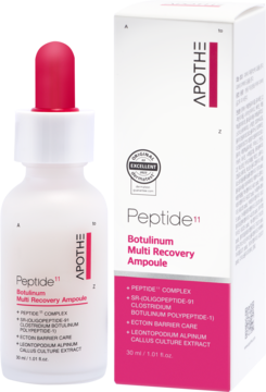 Apothe Peptide 11 Botulinum Multi Recovery Ampoule, biała butelka z czerwoną pipetą, widok z przodu obok opakowania.