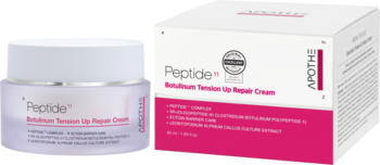Ujędrniający krem Apothe Peptide 11 Botulinum Tension Up Repair w białym słoiczku i biało-różowym pudełku, widok z przodu.