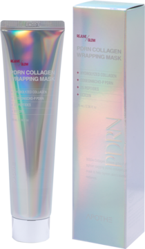 Apothe PDRN Collagen Wrapping Mask, holograficzna tuba i kartonik maski peel-off, widok z przodu.