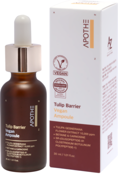 Apothe Tulip Barrier Vegan Ampoule: brązowa butelka z pipetą i biało-brązowe opakowanie ampułki do twarzy.