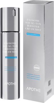 Srebrna butelka Apothe Exosome Squal-Tox Booster Cream Mist z pudełkiem, widok z przodu. Nawilżająca mgiełka anti-aging.