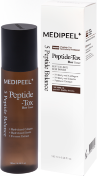 Medi-Peel Peptide-Tox Bor Toner, nawilżający tonik peptydowy w brązowej butelce z opakowaniem, widok z przodu.