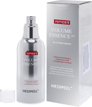 Zaawansowana esencja MEDI PEEL PEPTIDE 9 VOLUME ESSENCE PRO w srebrnej butelce z pudełkiem, widok z przodu pod kątem.