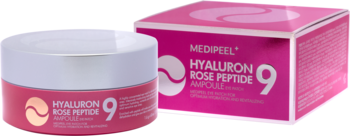Medi-Peel Hyaluron Rose Peptide 9 Ampoule Eye Patch w różowym słoiczku i pudełku na czarnym tle.