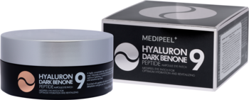 Medi-Peel Hyaluron Dark Benone Peptide 9 płatki pod oczy w czarnym opakowaniu i pudełku, widok z przodu.