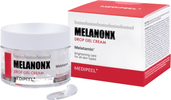 Medi-Peel Melanon X Drop Gel Cream na przebarwienia, słoik z kremem-żelem i pudełko, widok z przodu.