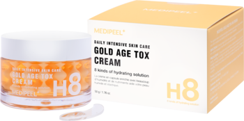 Medi-Peel Gold Age Tox Cream H8, krem przeciwzmarszczkowy. Słoik z złotymi kapsułkami i pudełko, widok z przodu.