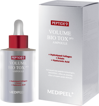 MEDI-PEEL Peptide 9 Volume Bio Tox Pro Ampoule w srebrnej butelce z pipetą i białym pudełkiem, widok z przodu.