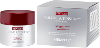 Medi-Peel Peptide 9 Volume & Tension Tox Cream Pro, krem przeciwstarzeniowy, słoiczek i pudełko na czarnym tle.
