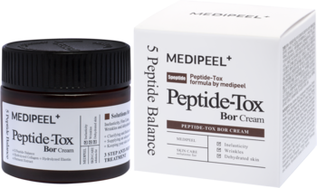Krem MEDIPEEL+ Peptide-Tox Bor w brązowym słoiczku i białym pudełku, widok z przodu, zaawansowany krem przeciwzmarszczkowy.