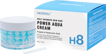Medi-Peel Power Aqua Cream H8, krem nawilżający w szklanym słoiku z niebieskimi kapsułkami i pudełku.